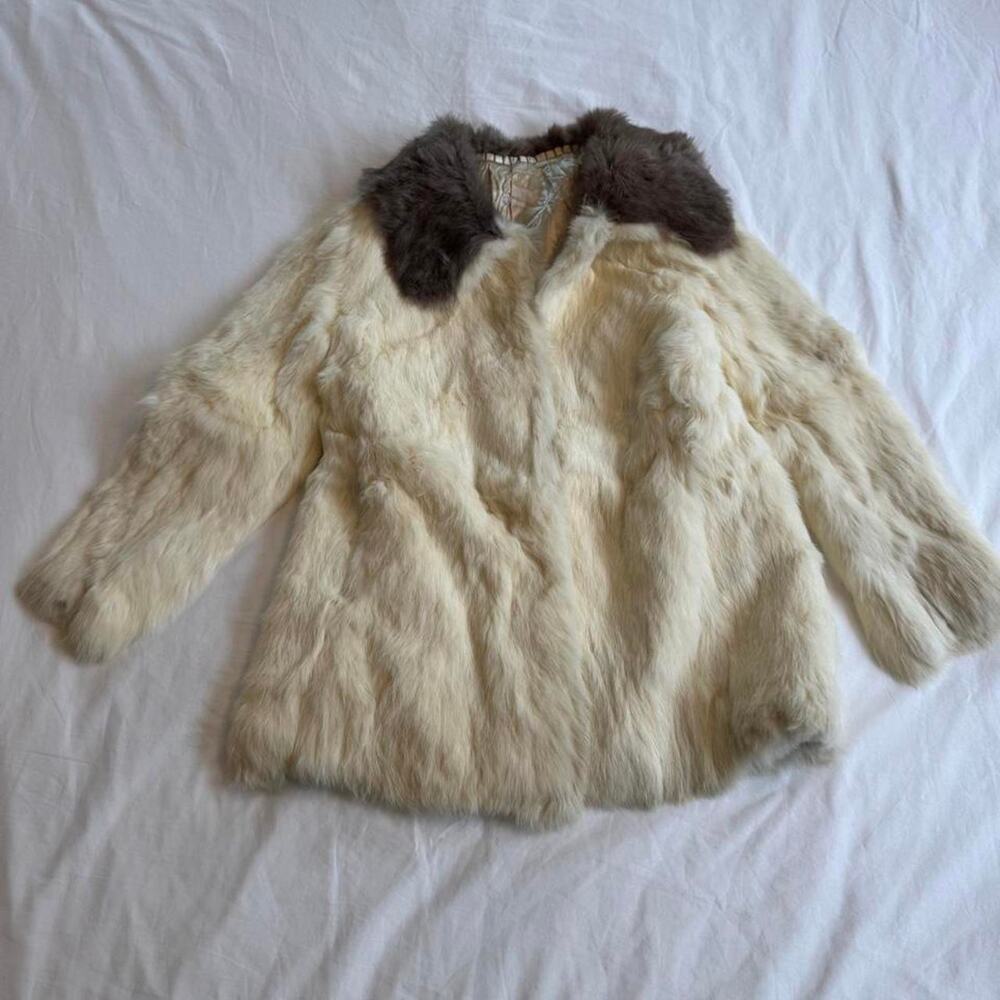 Real rabbit fur coat with brown collar